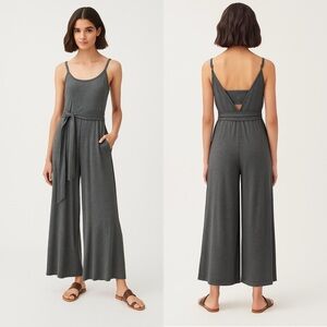 Cuyana gray V back jumpsuit size small sleeveless belted Pima modal loungewear